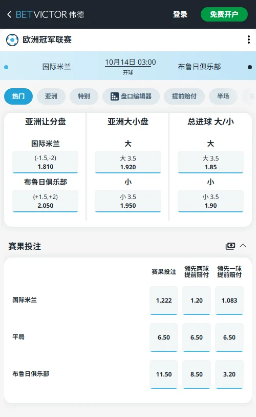 国际米兰vs布鲁日,欧冠(伟德BetVictor)开出深盘,国米让-1.5/-2赔率低至1.81,大3.5球赔率仅1.85,低赔充分防范国米净胜两球以上并打出大比分。