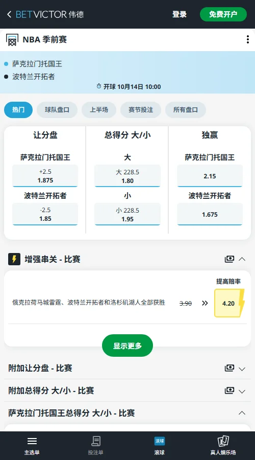 开拓者vs国王-NBA季前赛(伟德Betvictor)开拓者让2.5分赔率为1.85，净胜3分即可打出；全场小于228.5分赔率为1.95，受国王内线缺员与阵地战打法影响，小分更具支撑。