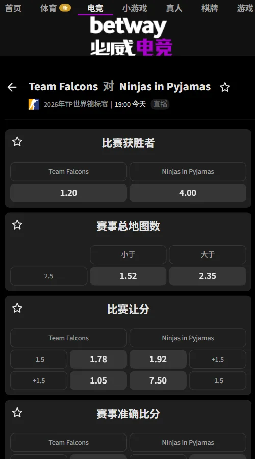 Falcons vs NIP - TWC雷电杯(必威Betway)胜负赔率Falcons为1.20、NIP为4.00；地图受让+1.5赔率1.92，大于2.5图为2.35，受让更优。