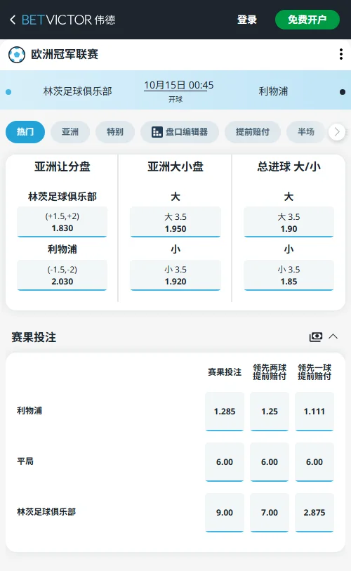 林茨vs利物浦,欧冠(伟德BetVictor)亚洲盘林茨受让+1.5/+2赔率低至1.83,低于红军的2.03,资金更青睐受让方;大小盘小3.5为1.92,同样倾向少球。(58字)