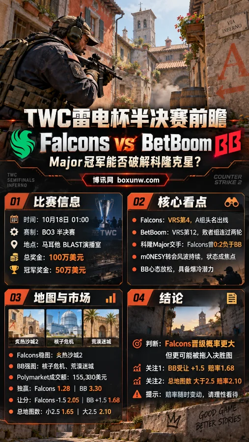 CS2 Inferno地图背景下,特工Ricksaw侧身持枪,展示TWC雷电杯Falcons与BetBoom半决赛前瞻海报,包含比赛时间、战队实力、地图分析、赔率及BO3赛果展望。