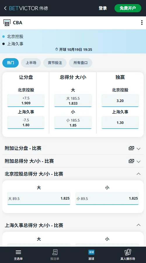 北京vs广东-(伟德Betvictor)北京独赢赔率1.34,广东3.00;北京让分-7.5赔率1.85,广东受让1.833。总分176.5,大分1.875、小分1.833,盘口倾向北京取胜,低比分值得关注。