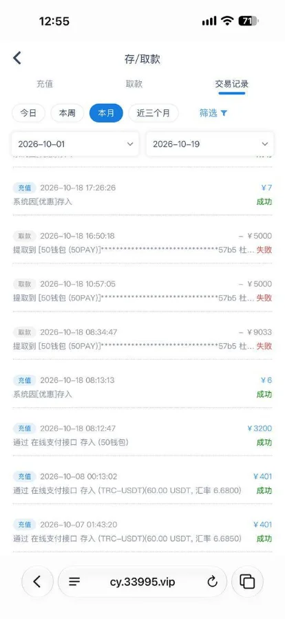 彩娱乐交易记录截图，显示玩家充值3200元后三次申请提款均失败