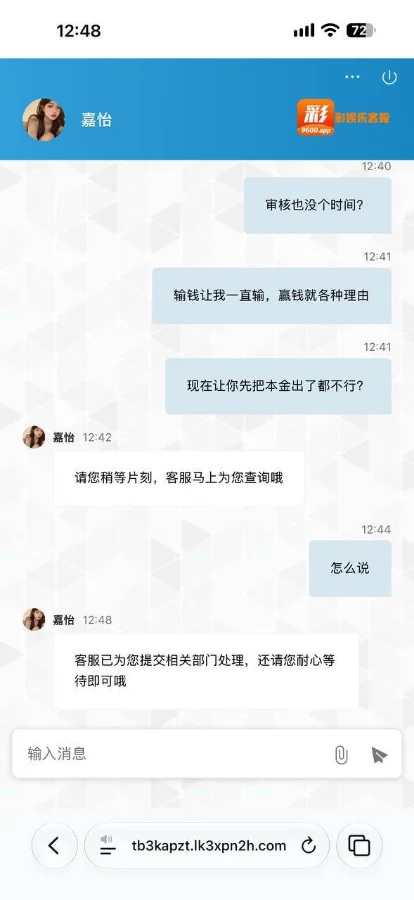 彩娱乐客服聊天记录截图，玩家要求先出本金被客服以提交部门处理为由推脱