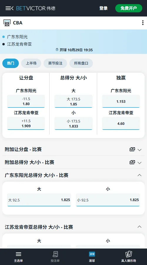 广东东阳光vs江苏龙肯帝亚-伟德独赢广东1.153、江苏4.60;广东让11.5分赔率1.80;总分173.5,小分1.833略低于大分1.85,盘口偏向主队。