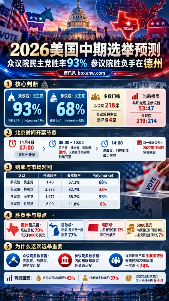 2026美国中期选举信息图,以美国国会大厦和德州地图为背景,展示民主党众议院93%、参议院68%的市场胜率,以及伟德赔率、Polymarket数据、关键州选情和北京时间开票安排。
